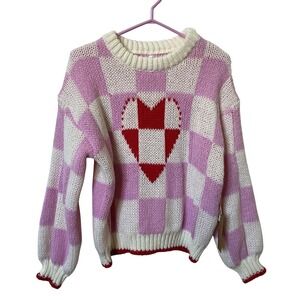Dreamers by Debut Pink Checkered Heart Knit Sweater Small NWT Valentine Coquette